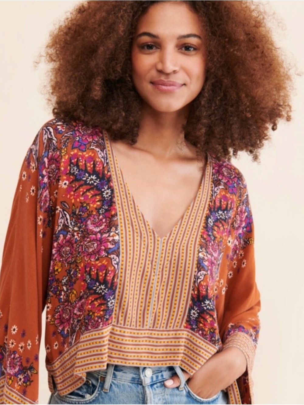 Free People Rust Floral V-Neck Tunic with Multicolor Accents